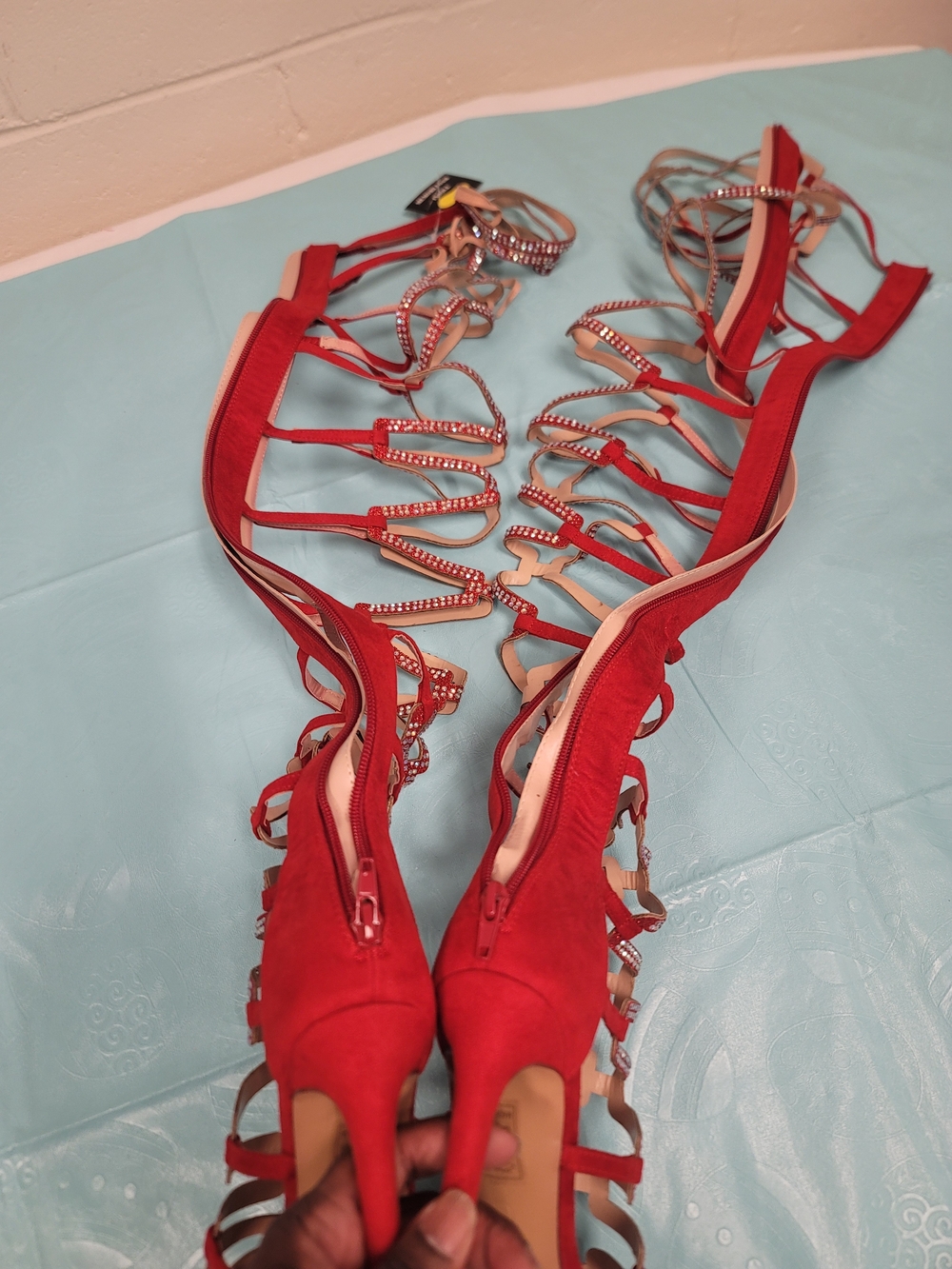 Red Gladiator Knee-High Strappy Sandals with Crystal Accents - Picture 8 of 9